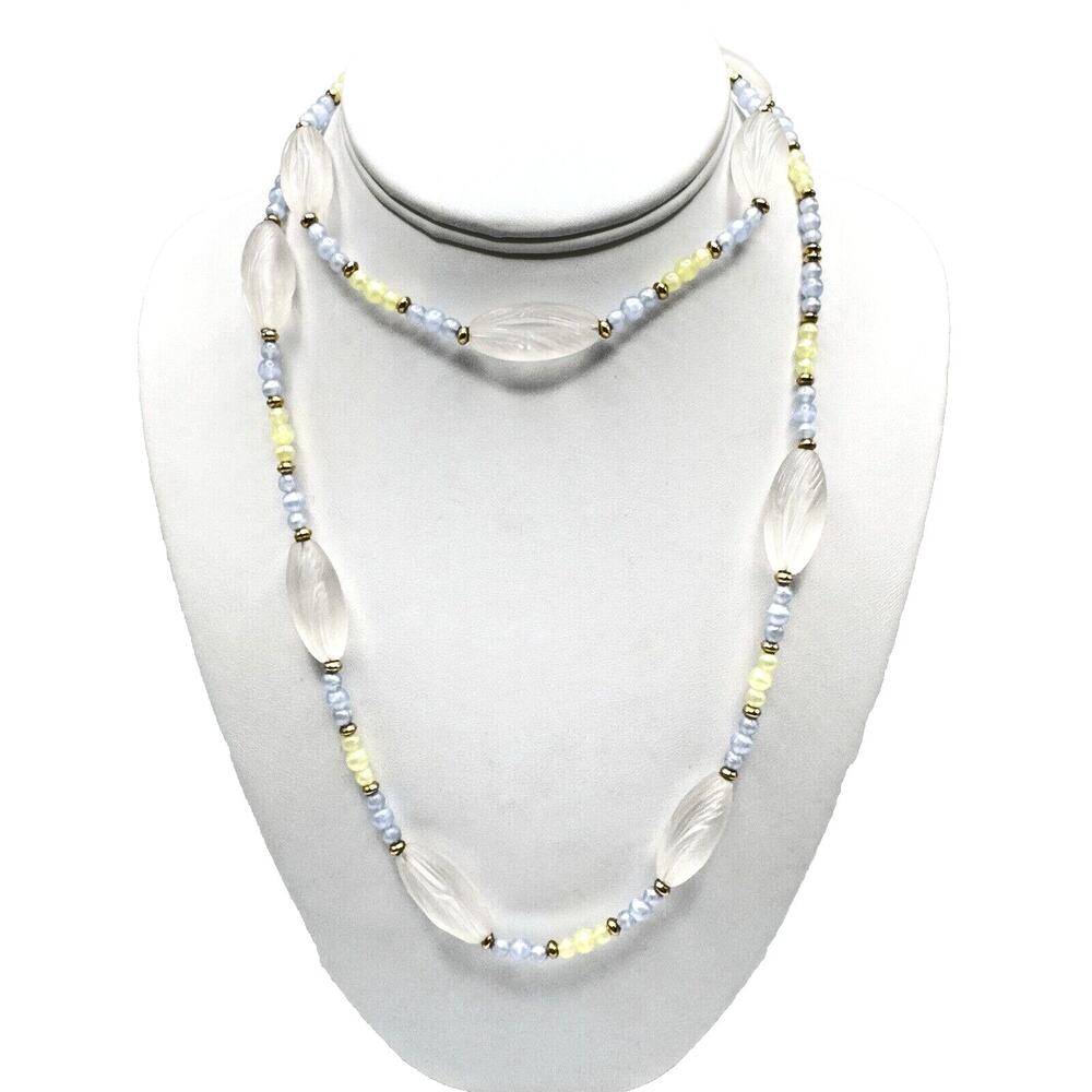 Vintage Monet Gold Tone Lucite Pastel Beaded Necklace Blue Green Feminine 33"
